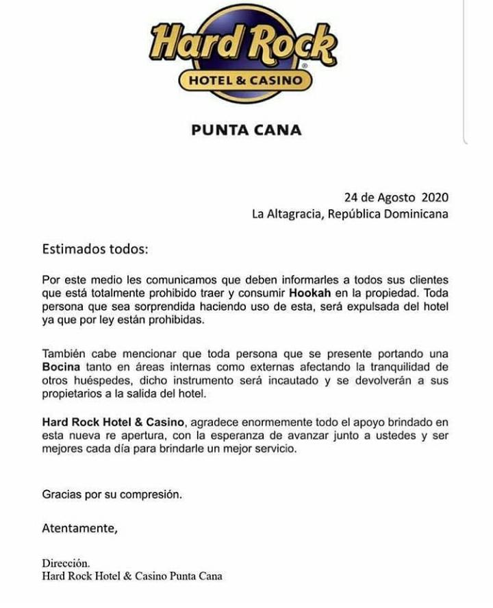 Hotel Hard Rock de Punta Cana informa que hookah y bocinas están prohibidas en sus instalaciones