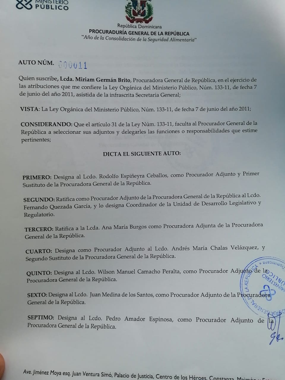 Miriam Germán designa a procuradores adjuntos en ejercicio de la ley No. 133-11