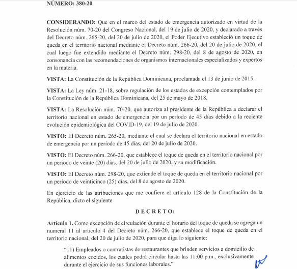 Abinader modifica No. 11 de decreto 266-20 que permite circular empleados de restaurantes hasta 11:00 PM