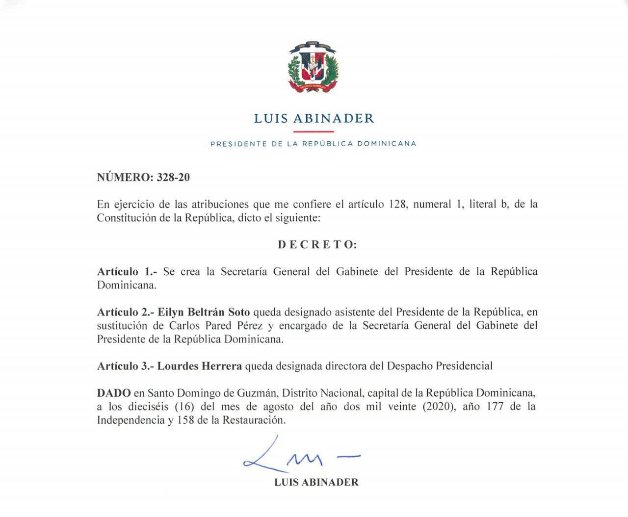 Presidente Abinader designa por decreto a Eylin Beltrán encargado de la Secretaria General del Gabinete