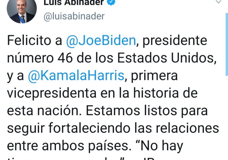 Abinader felicita a Biden y a Kamala por toma de posesión y le hace una invitación