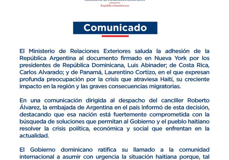 Argentina se adhiere a pacto firmado por Abinader y otros presidentes, ante crisis de Haití