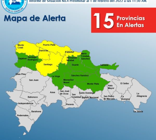 COE mantiene 15 provincias en alerta amarilla y verde por sistema frontal