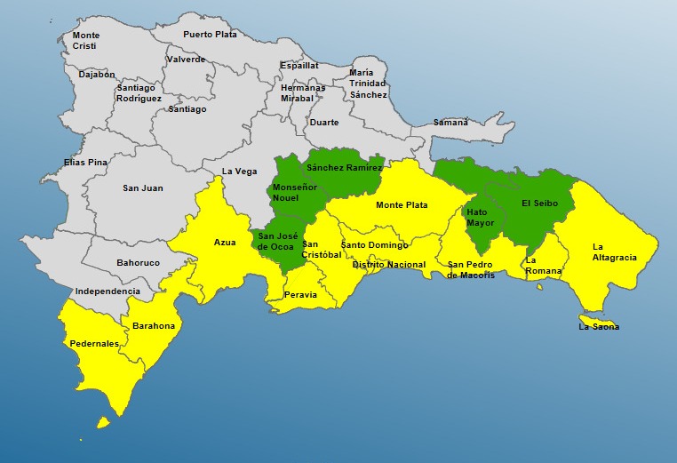 COE establece 5 provincias en alerta verde