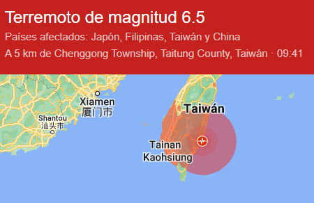 Un sismo de magnitud 6,6 sacude la costa este de Taiwán