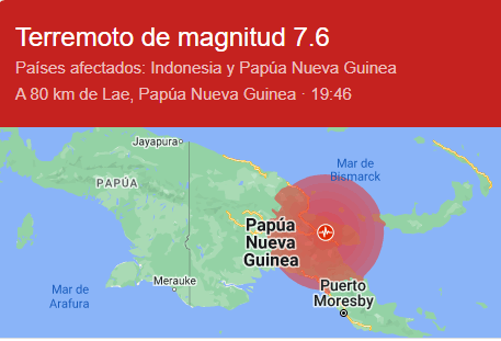 Sismo de magnitud 7,6 sacude el este de Papúa Nueva Guinea