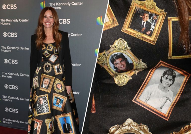 Julia Roberts usa vestido con fotos de George Clooney en una ceremonia