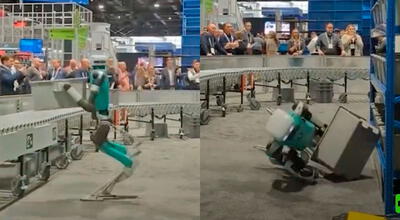 Un robot cae al piso tras una larga jornada laboral acomodando cajas