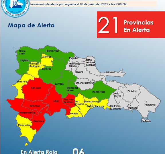 COE actualiza las provincias en alertas: 6 en rojo, 8 en amarilla y 7 en verde