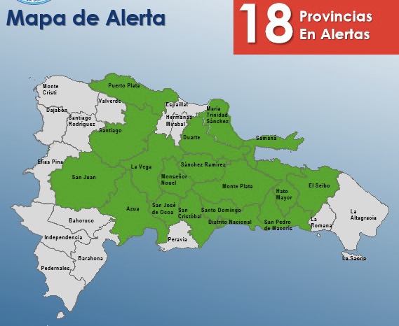 COE aumenta a 18 las provincias en alerta verde por vaguada