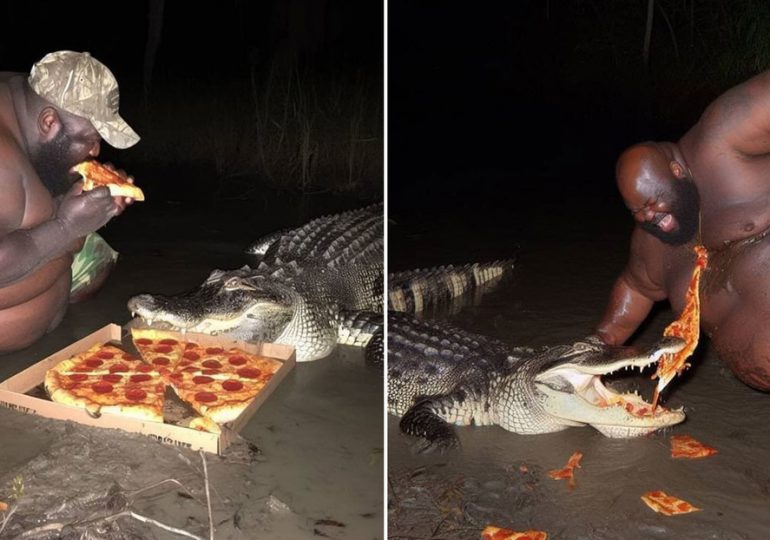 Imágenes de un hombre comiendo pizza y peleando con un caimán se vuelven viral