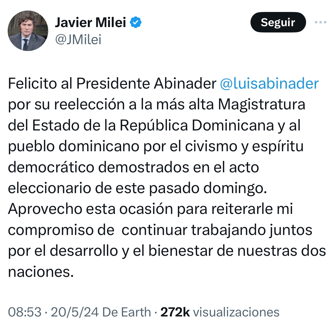 Presidente de Argentina, Javier Milei, felicita a Luis Abinader por su reelección como presidente de República Dominicana