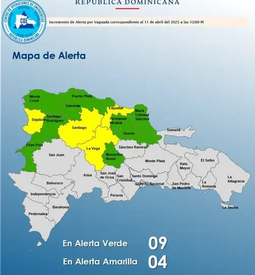 COE aumenta a 13 las provincias en alerta por vaguada